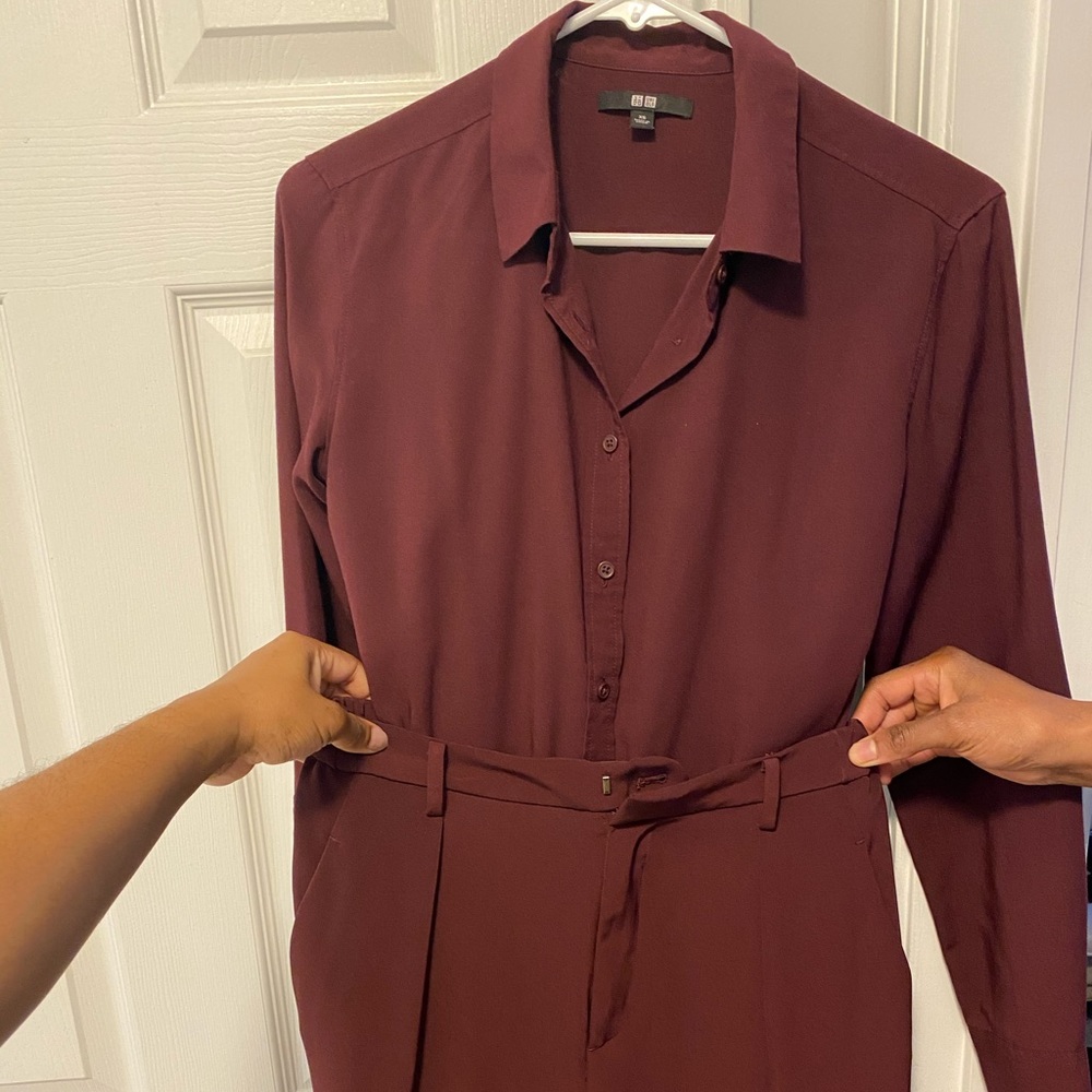 Burgundy blouse.